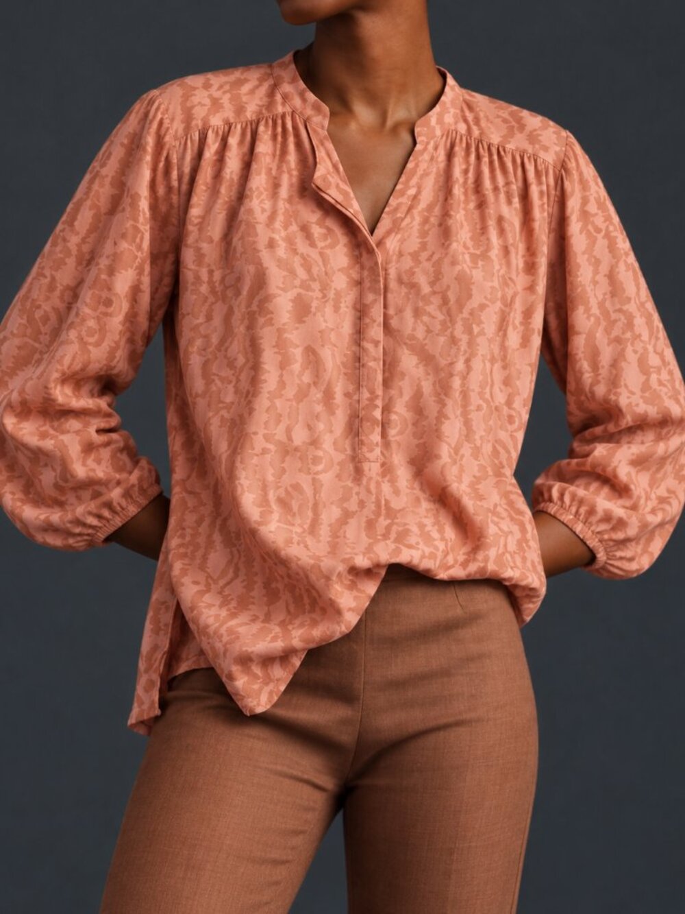 Elizabeth and James Peach Abstract Print Balloon Sleeve Button Blouse Top SZ XL